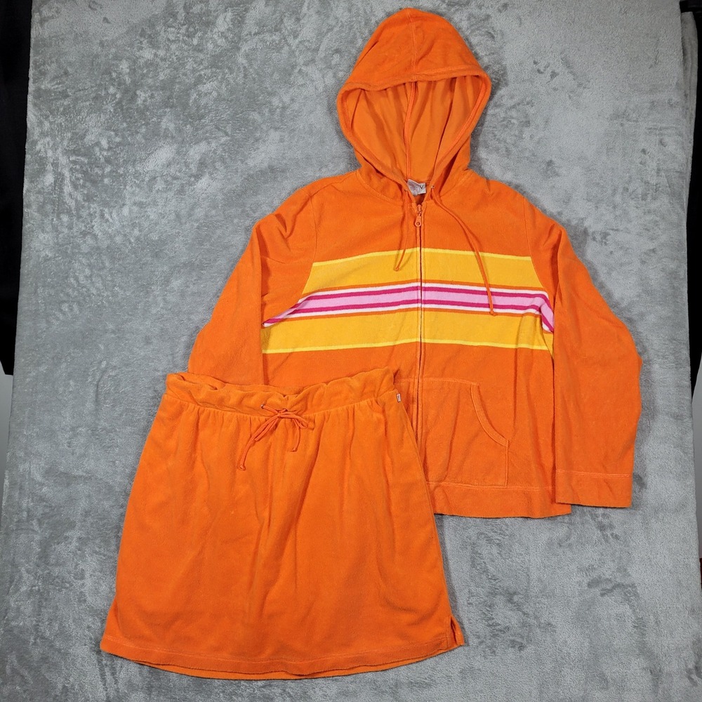 Vintage Venezia Sport Terry Cloth Set Women 14/16 Orange Hoodie Skirt Stripe Y2K
